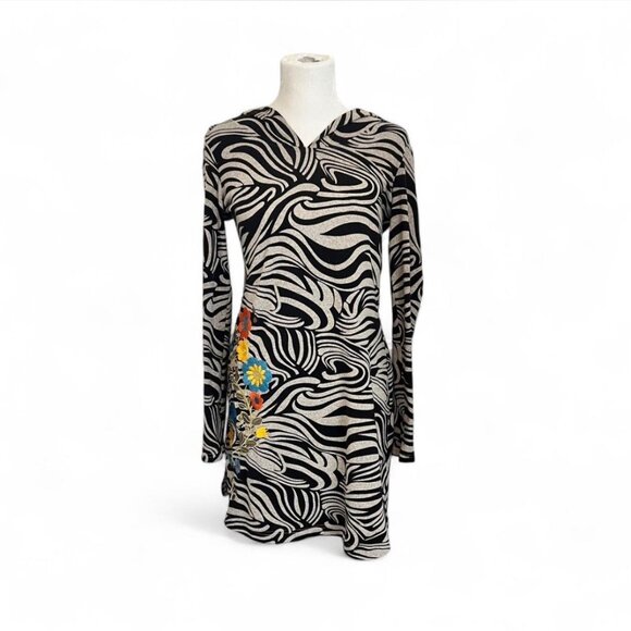 Uncle Frank Zebra Print Floral Embroidered V-Neck Dress Medium Stretch Boho - Picture 1 of 7